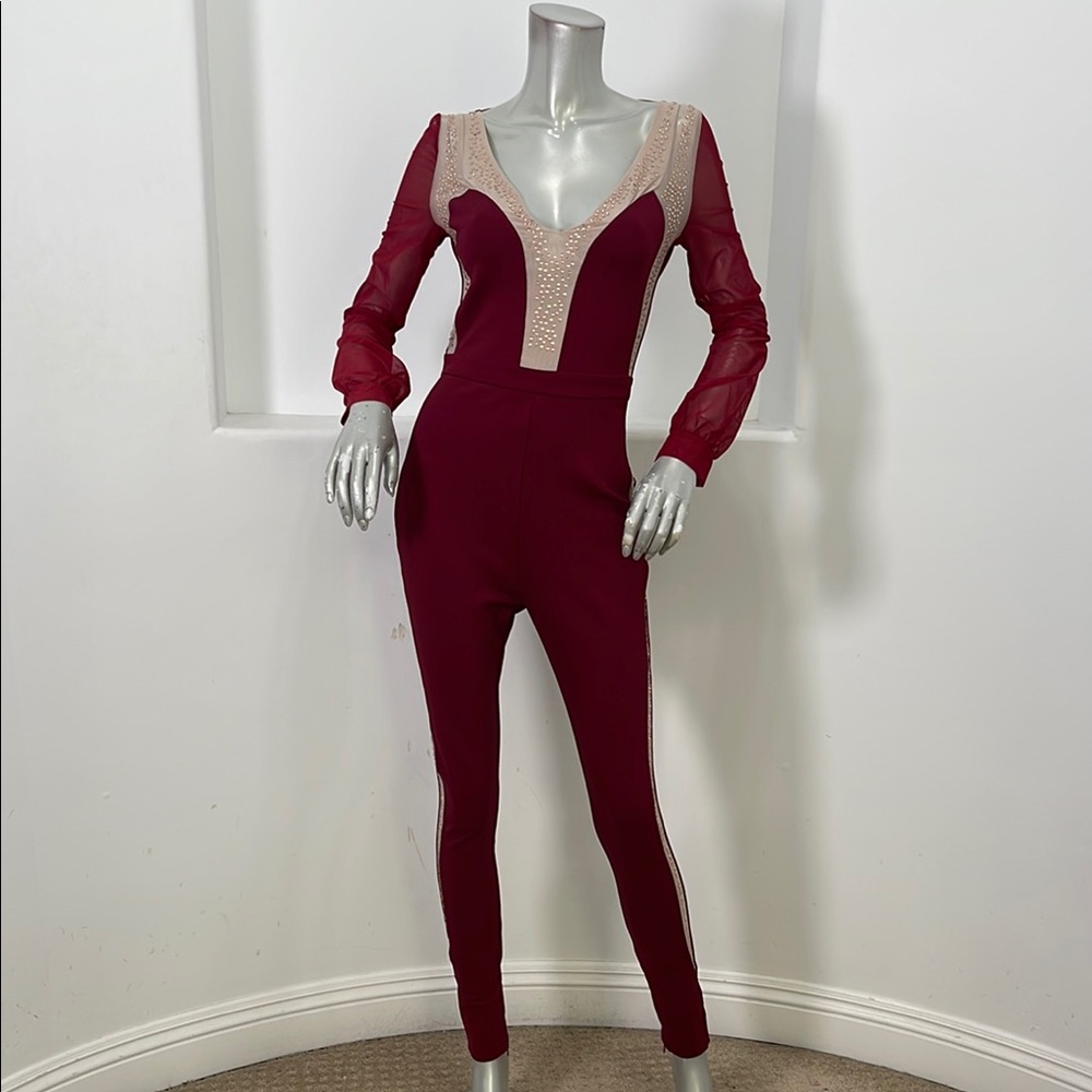 Miss Circle New York  Burgundy Jumpsuit Sheer and Rhinestones Accent Size S